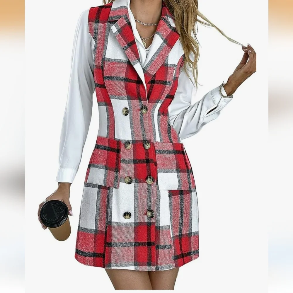 Women Sleeveless Plaid Double Breasted Shacket Vest.